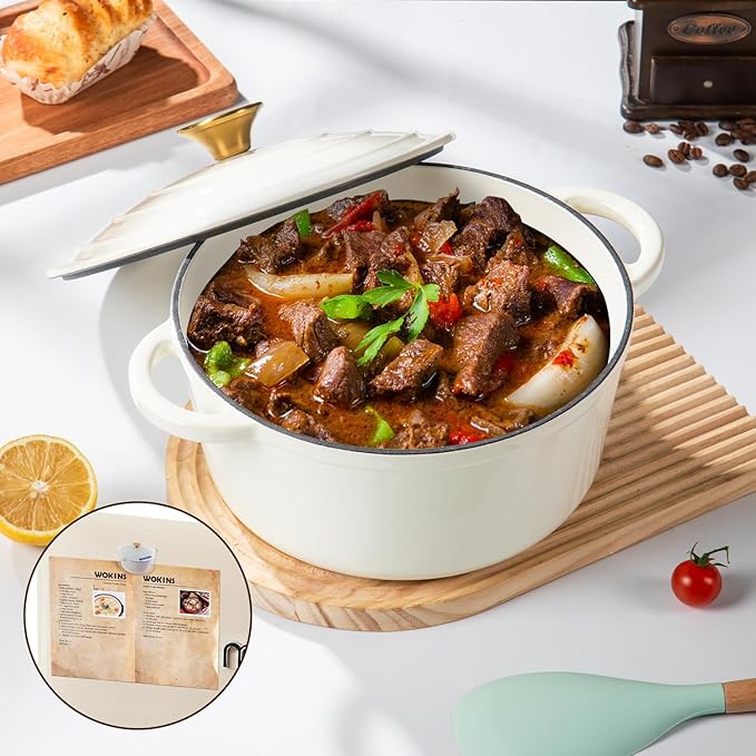 Enameled Cast Iron Dutch Oven Pot with Lid Heavy-Duty Cookware for Bread Baking, Braising, Stews, Roasting,7QT，creamy white
