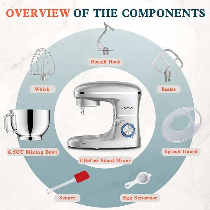 CHeflee Stand Mixer,660W 6+P With 6.5QT Stainless Steel Bowl,Dough Hook, Wire Whip & Beater,for Most Home Cooks,Silver