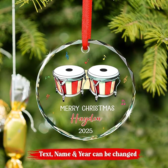 Bongo Drum Player Christmas Ornament Gifts, Personalized Text & Name Musical Instrument Glass Ornament Xmas Tree 2025, Bongo Glass Ornaments Gifts for Drummer Music Lovers, Custom Musician Ornaments