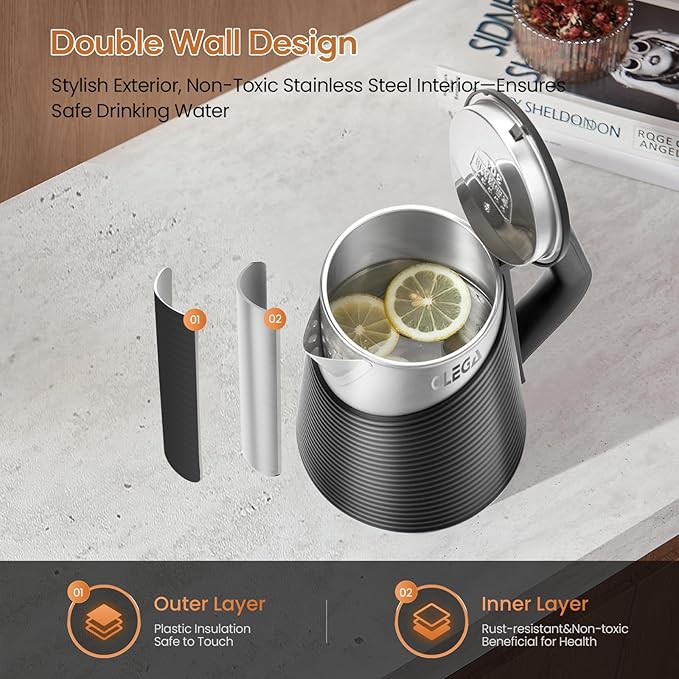 OLEGA Electric Kettle: 1500W 1.8L Electric Kettles for Boiling Water, BPA-Free Stainless Steel Electric Hot Water Kettle Auto Shut Off Water Boiler Tea Kettle Teapot for Tea Coffee Black