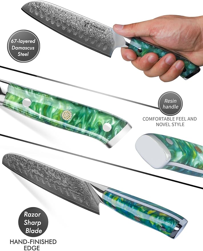 Santoku Knife - 7 inch - Xuan Series - VG10 Damascus Steel Kitchen Knife - Resin Handle (Jade Green)