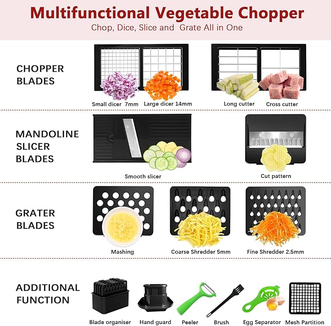 Vegetable Chopper, Onion Chopper Dicer, Mandoline Slicer, Food Chopper with Container, Vegetable Cutter for Salad Potato Carrot Garlic（9 Blades, Black）