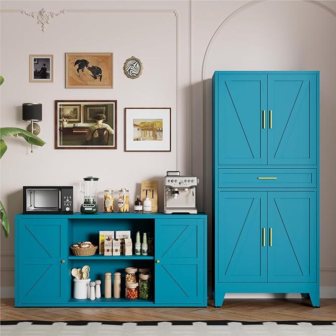 71" Tall Pantry Storage Cabinet with Drawer and Adjustable Shelves, Freestanding Tall White Kitchen Cupboard Storage Cabinet for Kitchen,Dining Room, Living Room, Blue