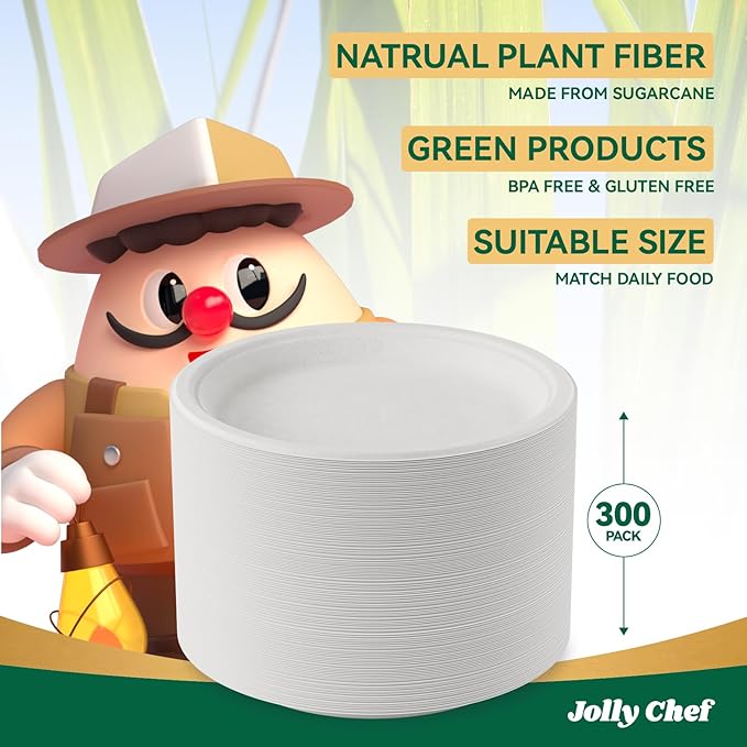 JOLLY CHEF Compostable Heavy Duty Plates 𝟭𝟬 𝗜𝗻𝗰𝗵 [𝟯𝟬𝟬 𝗣𝗮𝗰𝗸] Eco-Friendly Disposable White Paper Plates Made of Bagasse Biodegradable Bulk for Party Dinner Sugarcane Thanksgiving Day