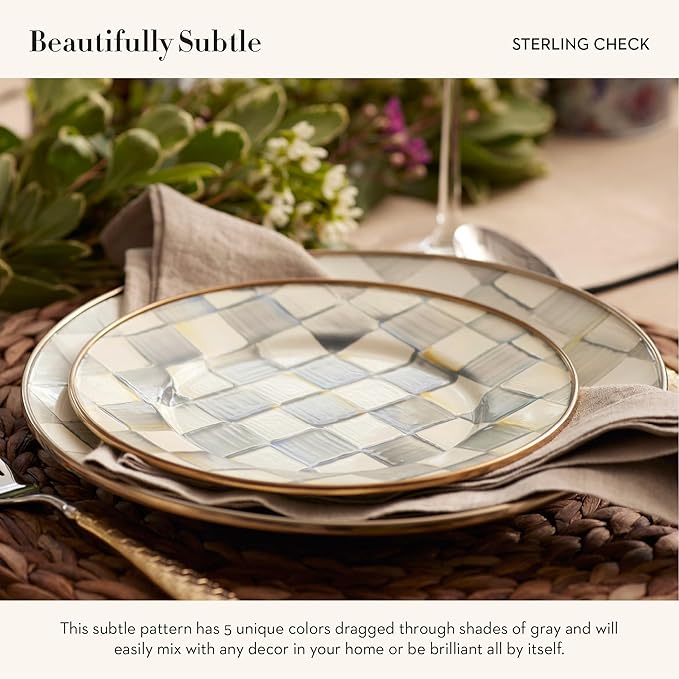 MACKENZIE-CHILDS 3-Piece Enamel Place Setting with 10-Inch Round Dinner Plate, 8-Inch Salad/Dessert Plate, and 7.5-Inch Breakfast Bowl, Gray-and-White Sterling Check