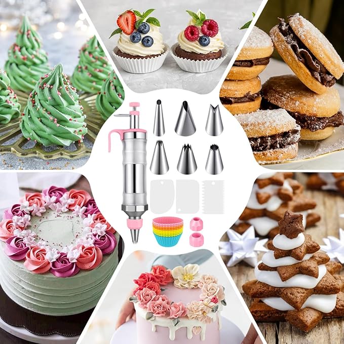 Dessert Decorating Syringe Set, Icing Piping Kit Stainless Steels Cake Decorating Tools with 6 Piping Tips & 9 Silicone Cupcakes & 3 Cream Scrapers, Cake Decorating Kit Frosting Piping Kit