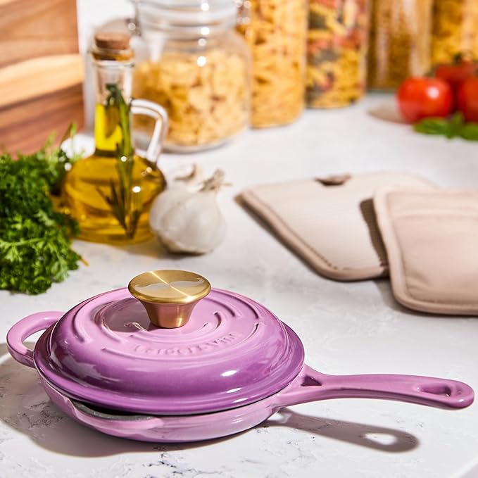 Chef Joe Sasto Small Skillet with Lid, Enameled Cast Iron, Small Frying Pan for Eggs, Omelets & Single Servings, Sweet Treats, Professional Cookware, Induction Compatible, Oven & Dishwasher Safe