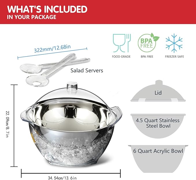 INNOVATIVE LIFE Large Salad Bowl with Ice Chiller Base and Lid, Kitchen Refrigerated Veggie Tray with Two Long Spoons, Party Platters for Food, Clear