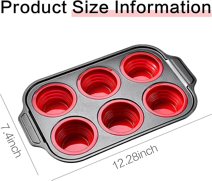 Silicone Muffin Pan Molds, 6 Cups Muffin Pans with Metal Frame, Muffin Pans for Baking, Non Stick Baking Tray for Ovens, Bakeware with Press to Release Design, Cake Pop Mold, Silicone Egg Molds, Red