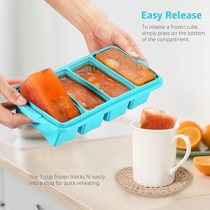Silicone Freezer Tray With Lid - Silicone Freezer Food Molds- Large Ice Cube Tray,Silicone Freezer Container,Freeze & Store Soup, Sauce, Broth,Leftovers - Makes 4 Perfect 1 Cup