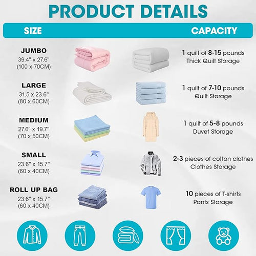 30 Pack Vacuum Storage Bags with Electric Pump, Compression Space Saver Vacuum Seal Bags 6 Jumbo/6 Large/6 Medium/6 Small/6 Roll Up Bags for Clothing Travel Comforters Blankets Pillows Bedding Duvets