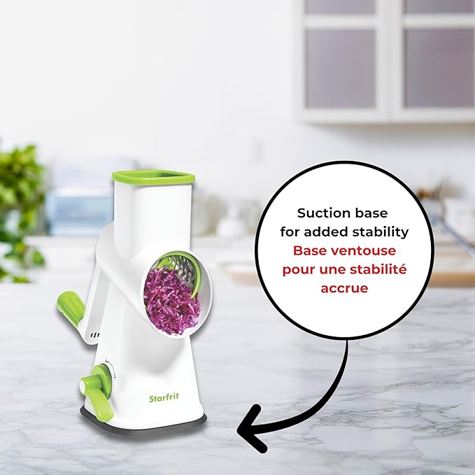 Starfrit Rotary Drum Grater - 4 Interchangeable Stainless Steel Drums - Slicing, Coarse and Fine Grating, Ice Shaving - Great for Vegetables, Cheese, Nuts, Chocolate