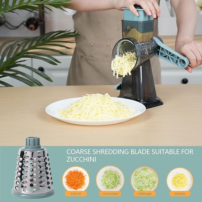 Rotary Cheese Grater Multi-Purpose Stainless Steel Shredder- Cheese Grater With handle Effortless Grating of Vegetables, Nuts and Fruits,with Suction Base and Cleaning Brush (blue)