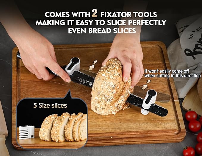 2025 Upgrade Bread Knife for Homemade Bread, World‘s 1st Double Serrated Knife with 5 Thickness Adjustable Slicing Guide, Stainless Steel Bread Cutter, Razor Sharp for Sourdough, Black