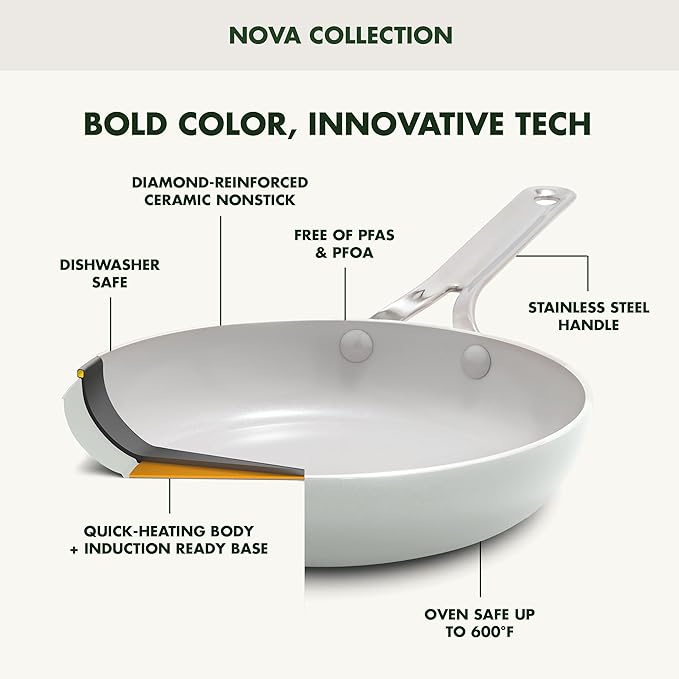 GreenPan Nova 8” Frying Pan Skillet, Induction Suitable Diamond Infused PFOA and PFAS-Free Nontoxic Ceramic Nonstick, Dishwasher and Oven Safe Fry Pan, Quick Even Heating, Cream White