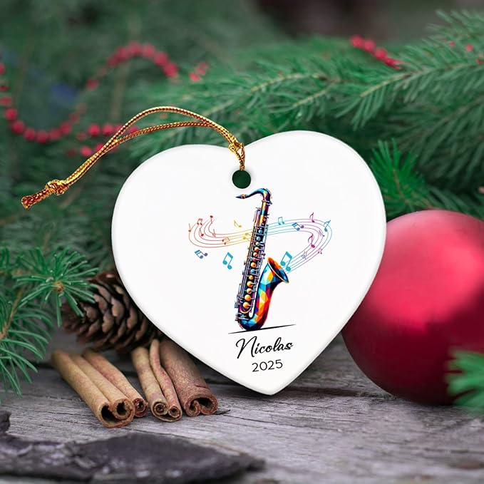 Saxophone Lovers Ceramic Ornament 2025, Personalized Saxophone Christmas Ornaments Gifts for Saxophonist, Musical Instrument Player Ceramic Ornament Xmas, Custom Name & Year Saxophonist Decoration