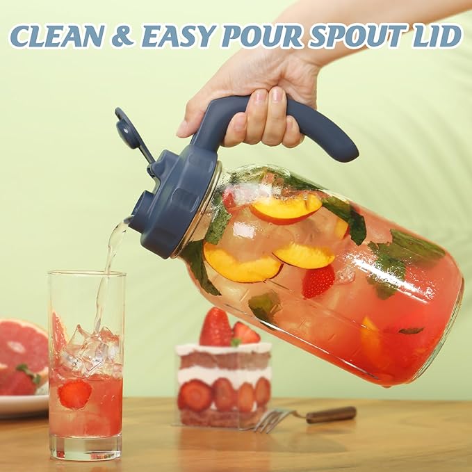 Soligt Glass Mason Jar Pitcher with Lid, Wide Mouth Flip Cap Pour Spout Leak-proof Lid with Handle, 64 oz (2 Quart / 1.9 Liter), Navy and Yellow