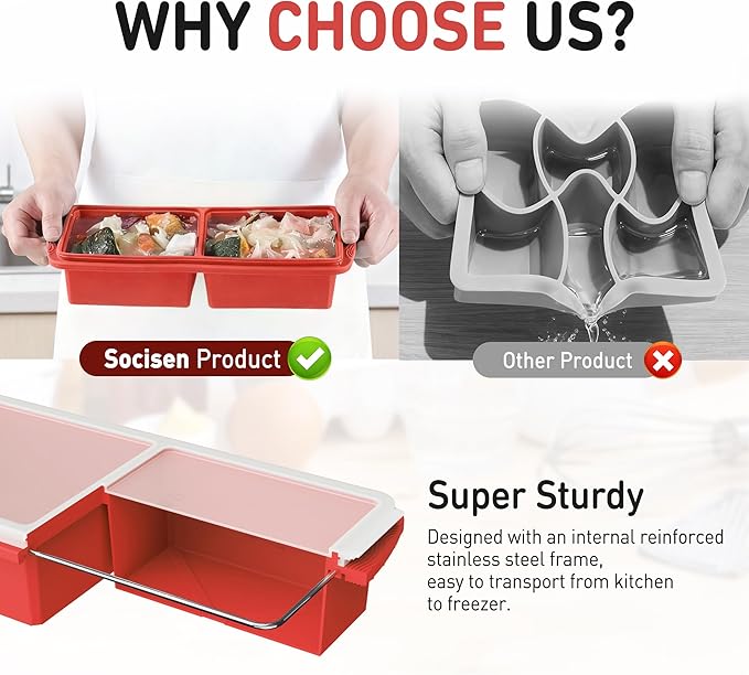 Silicone Freezer Tray with Lid Soup Freezer Container Molds with Steel Reinforced Rim Ice Cube Freezer Molds for Soup, Sauce, Leftovers, Homemade Meal Prep Containers Kitchen Accessories