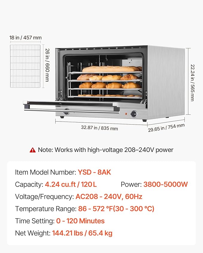 VEVOR Commercial Convection Oven, 4.24 cu.ft Conventional Countertop Oven for Full-Size Pans, Electric Convection Ovens with 4 Racks, 360° Hot Air Circulation, for Bakery, Restaurant & Pizza Shop