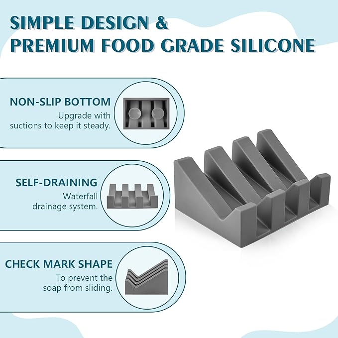 Self Draining Soap Dish,Silicone Suction Cup Soap Holder, Bathroom Soap Dish for Bar Soap,Can Extend Soap Life,Bathroom, Bath Tub, Kitchen Sink (4, Grey)