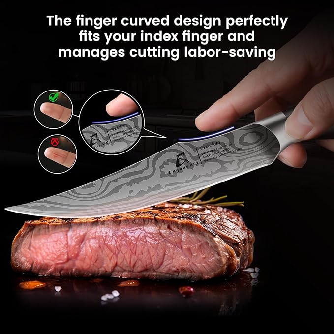 Steak Knives Set of 6, 4.8 Inch Non Serrated Razor-Sharp Durable Dinner knives with Rest, German Stainless Steel Damascus Pattern Full Tang Forged, Rust Resistant & Easy to Maintain