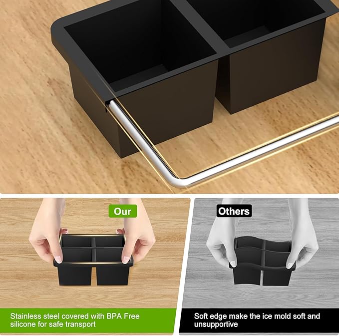 Samuelworld Large Ice Cube Tray: 2025 Upgraded 4 Grid Silicone Square Ice Cube Mold For Small Refrigerator, 2 Inch Large Cubed Ice Trays for Cocktail, Big Cube Ice Maker Mold (3 Pack, Black)