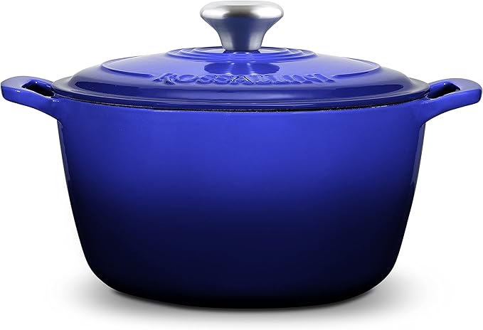 Signature Enameled Cast Iron Dutch Oven, Non-Stick Serving Pot with Tight Fitting Lid for Perfect Roasting, Baking, Sauteing, and Bread Making | 5.5Q (5.2L) - Indigo Blue