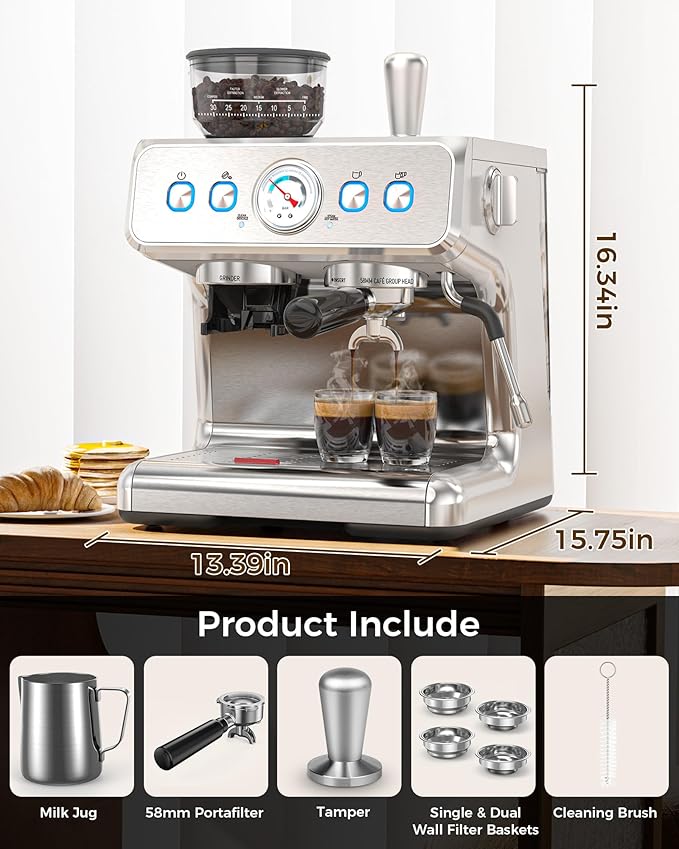 COWSAR Commercial Espresso Machine 15 Bar, Semi-Automatic Espresso Maker with Bean Grinder & Milk Frother Steam Wand, Removable Water Reservoir, Self-Cleaning, Ideal for Cappuccino, Stainless Steel