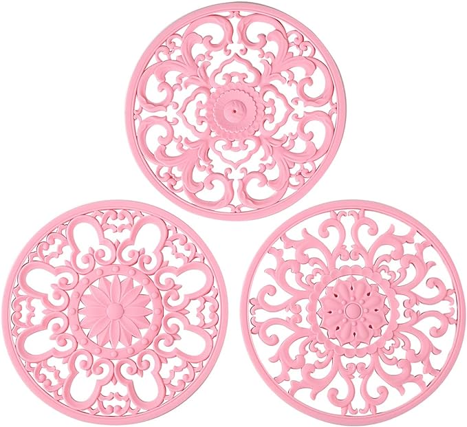 Extra Thick Silicone Trivet Mat for Hot Dishes, Hot Pots and Pans, Pot Holder, Hot Pad to Portect Your Table and Countertop, Kitchen Decor and Accessories,Pink,Set of 3
