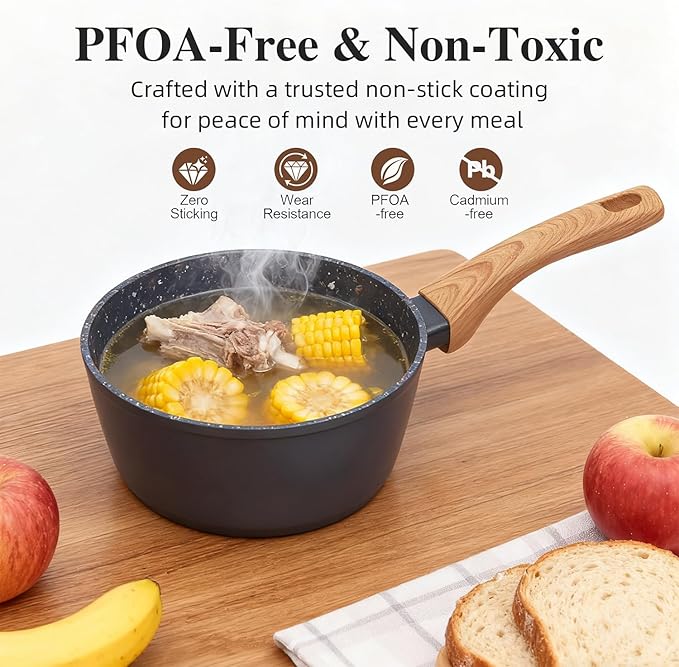 Nonstick Cookware Set, 2-Piece Non-Toxic Coated 10.25 Inch Frying Pan & Saucepan with Lid, PFOA Free Dishwasher Safe, Induction Compatible, Beginner Kitchen Pots and Pans Set, Black