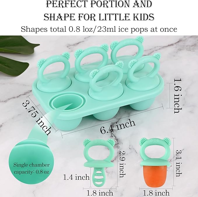 Sakolla Baby Popsicle Molds Mini 6-Cavity Silicone Ice Pop Mold with Sticks Breastmilk Popsicle Molds for Teething Relief Toddler Popsicle Mold for Ice Cream Frozen Yogurt and Fruit Juice (Green)