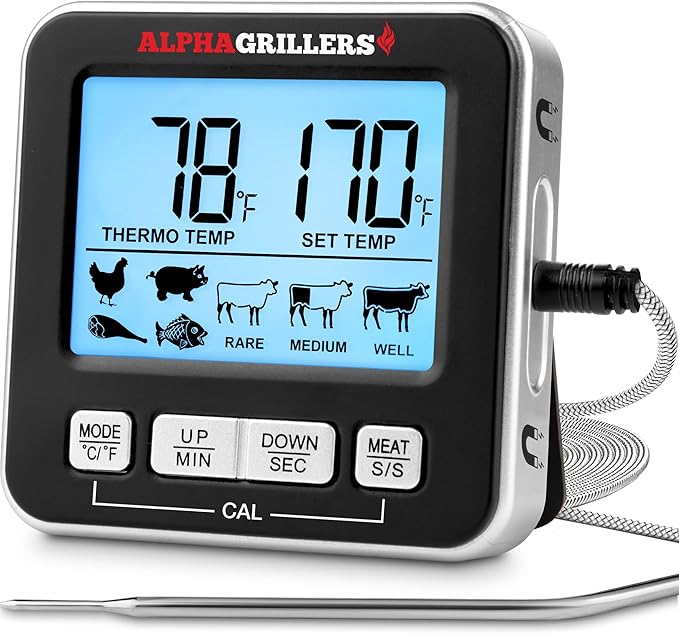 Alpha Grillers Turkey Thermometer - Digital Meat Thermometer with Electric Oven Safe Wired Leave-in Probe for Cooking & Roasting - Large Display with 7 Preset Temp Alerts, Timer & Alarm