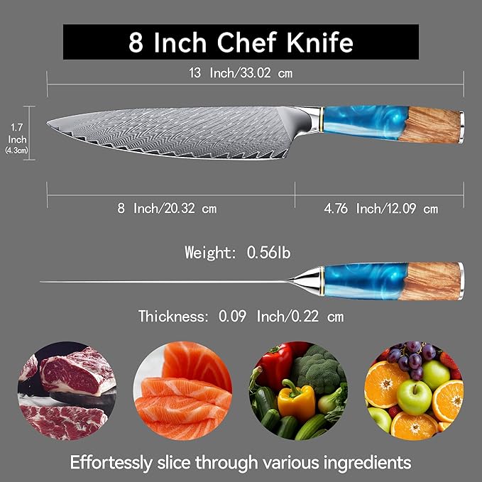 8" Chef's Knife, Japanese Damascus Chefs Knife 67 Layers High Carbon VG10 Steel Core with Resin & Burl Ergonomic Handle, Gift Box