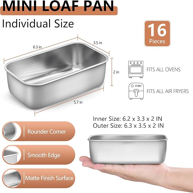 LIANYU 16 Pack Mini Loaf Pan for Baking Bread, 6.3 x 3.5 Inch Stainless Steel Small Bread Tin Loaf Pan for Homemade Meatloaf, Metal Loaf Baking Pan Mold for Banana Sourdough Sandwich, Dishwasher Safe