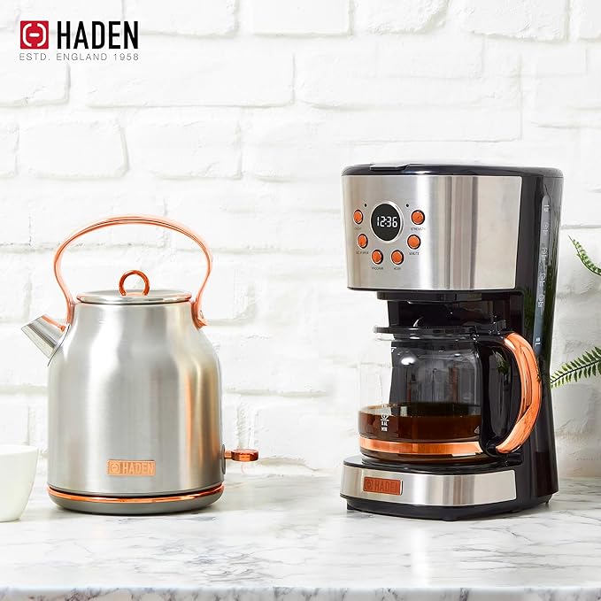 HADEN Heritage 1.7 Liter Stainless Steel Electric Kettle Bundled with 12 Cup Drip Coffee Maker, Coffee Machine with Auto Shut-Off, Steel & Copper