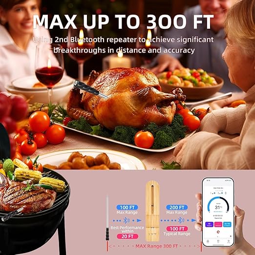 Wireless Smart Meat Thermometer with Bluetooth | Long Range | Measures Internal & Ambient Temp | for BBQ, Oven, Grill, Kitchen, Smoker, Rotisserie (Jet Black)
