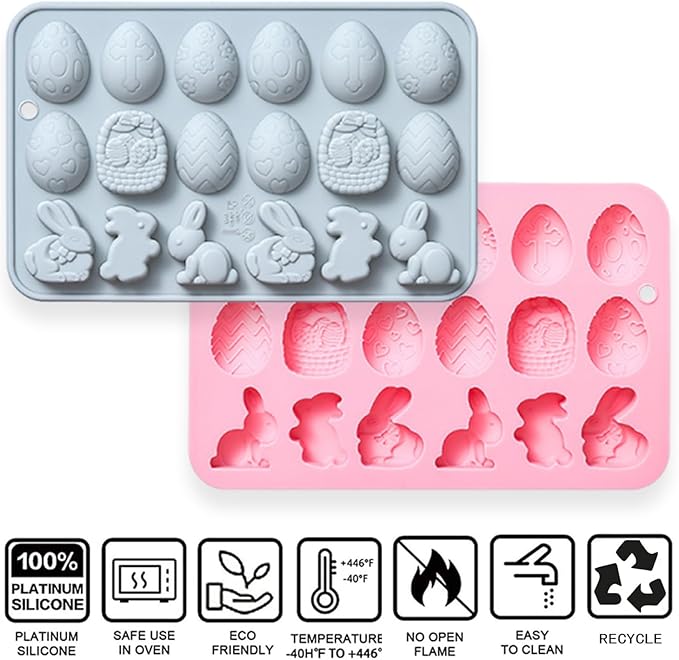 2 Pcs Egg Bunny Silicone Molds, 18-Cavity Baking Molds for DIY Cake Decoration,Chocolate, Pastry, Bread, Ice Cube, Soap, Jello, Easy Release, Reusable
