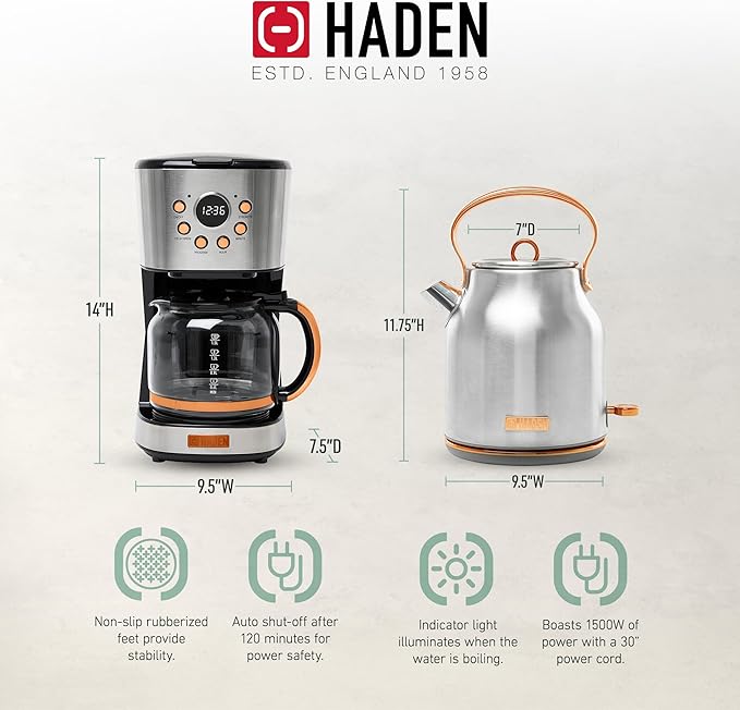 HADEN Heritage 1.7 Liter Stainless Steel Electric Kettle Bundled with 12 Cup Drip Coffee Maker, Coffee Machine with Auto Shut-Off, Steel & Copper