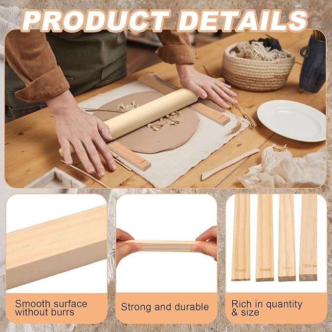 Newtay 12 Pcs Pottery Tools Include 1 Wood Rolling Pin Sculpting Polymer Clay Tools 1 Portable Pottery Wedging Board/Linen Tablecloth and 10 Pcs 5 Size Teaching Rolling Mud Stick Guide (Tablecloth)