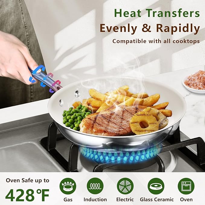 8 Inch Nonstick Ceramic Frying Pan, Tri-Ply Stainless Steel Skillet with Stay-Cool Handle, PFAS/PFOA/PTFE Free, No Seasoning Required, High Heat & Induction Safe, Dishwasher/Oven Safe