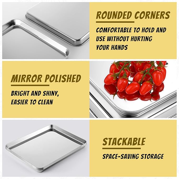 Mimorou 6 Pcs Baking Sheet Set Stainless Steel Cookie Sheet Cookie Baking Pan Bakeware Oven Tray Dishwasher Safe Commercial Grade Pans(16x12x1 Inch)