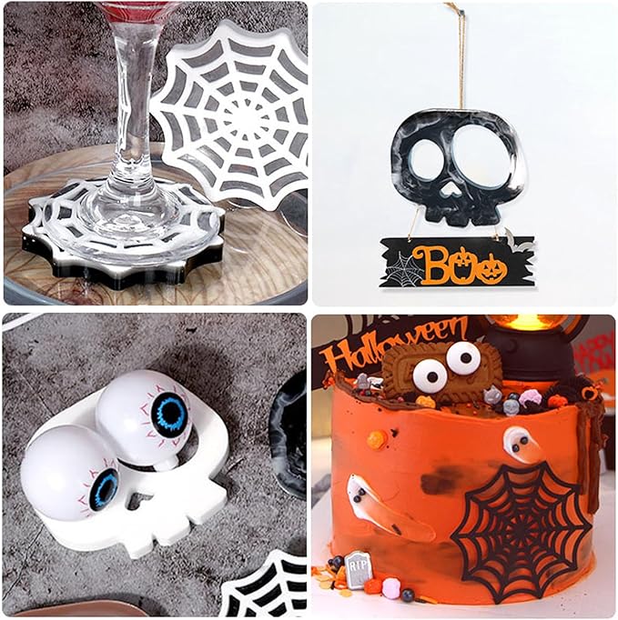 Halloween Coaster Resin Mold, 6Pcs Coaster Silicone Molds for Epoxy Resin, Skull Spider Web Cemetery Coaster Mold for Epoxy Casting, Jewelry Storage Candle Holder Mold for Craft Home Halloween Decor
