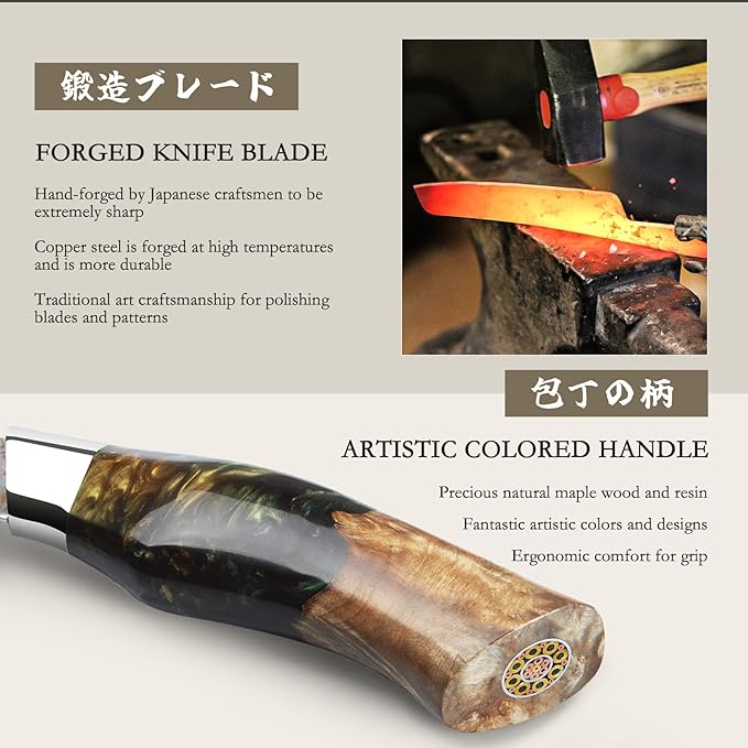 SHAN ZU Damascus Santoku Knife 7 inch, Japanese Kitchen Knives Copper & Damascus Steel High Carbon 33 Layer Hand Forged Ultra Sharp Utility Chef Knife Professional Carving Knife with Maple Wood Handle