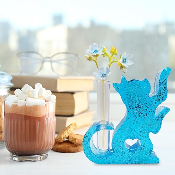 SourceTon Silicone Resin Mold Set for Flower Vases – Includes 2 Cat-Shaped Test Tube Vase Molds and 8 Test Tubes, Epoxy Resin Molds for DIY Floral Decor and Home Crafts