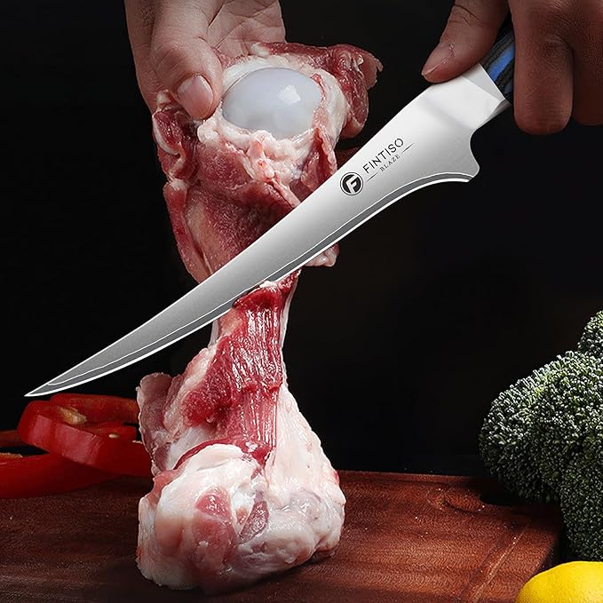 FINTISO 7 Inch Fillet Knife, Professional Meat Boning Knives for in 5-Layer 10Cr15CoMoV Japanese Stainless Steel, Ultra Sharp Fish Knife with Ergonomic G10 Handle for Slicing and Skinning
