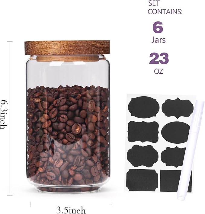 Set of 6 Glass Pantry Storage Jars with Wood Airtight Lid - 23oz Thicken Glass Kitchen Canisters with Reuse Labels&Pen - Glass Food Storage Containers with Wood Lid for Tea,Sugar,Cookie,Coffee