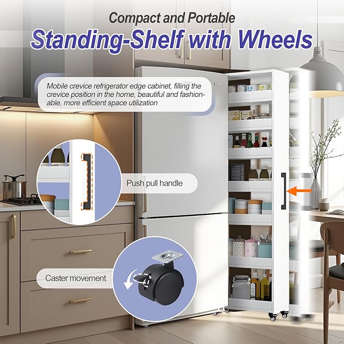7-Tier Slim Storage Cart, Wooden Rolling Pantry Cabinet with Wheels, Narrow Shelf Organizer for Kitchen, Bakers Rack, Dining Room, Closet, Small Spaces Gray 47.2" H*9.8" W*16.9" D