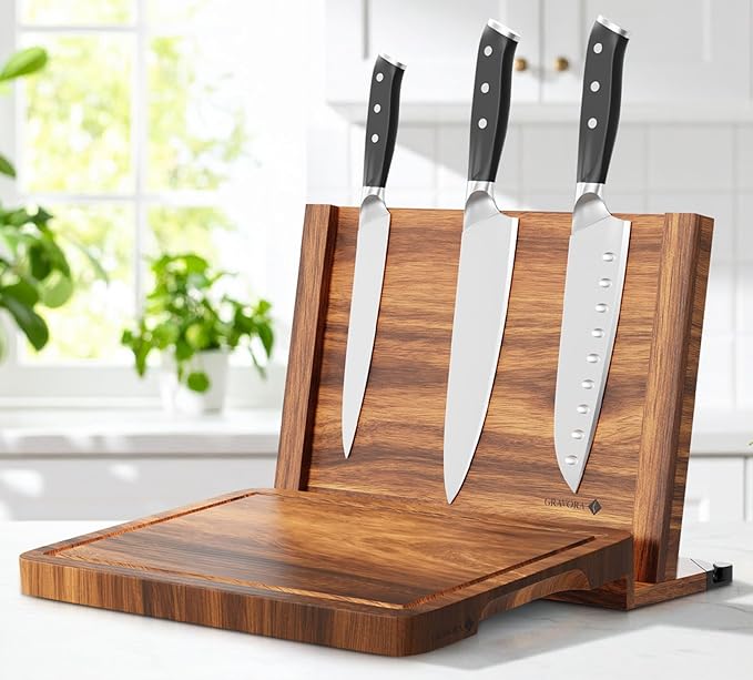3 in 1 Magnetic Knife Block Stand - Wooden Magnetic Knife Holder with Strong Magnets, 14"x10" Cutting Board, Knife Sharpener - Acacia Display Holder Double Sided Storage Rack Magnets for Knives