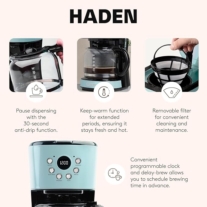 Haden Coffee Machine, 12 Cup Programmable Drip Coffee Maker with Auto Shut-Off Function and Reusable Washable Water Filter, Turquoise & Chrome