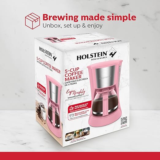 Holstein Housewares 5 Cup Drip Coffee Maker – Compact and User-Friendly with Auto Pause & Serve, Reusable Filter, Measuring Spoon & Glass Carafe, Office & Dorm Use, Pink